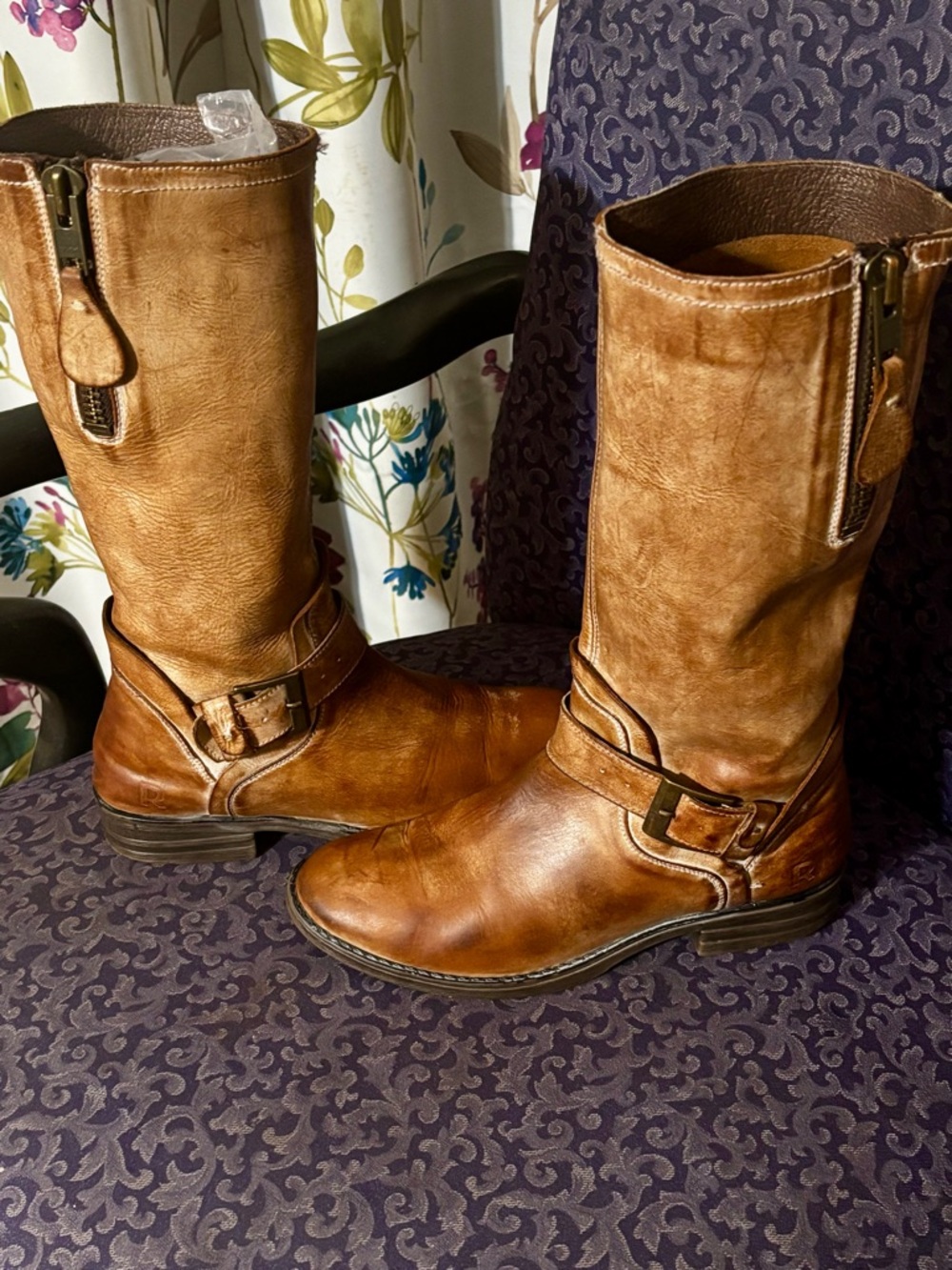 BED|STU tan genuine leather distressed zip mid calf boots size 7 buckle detail